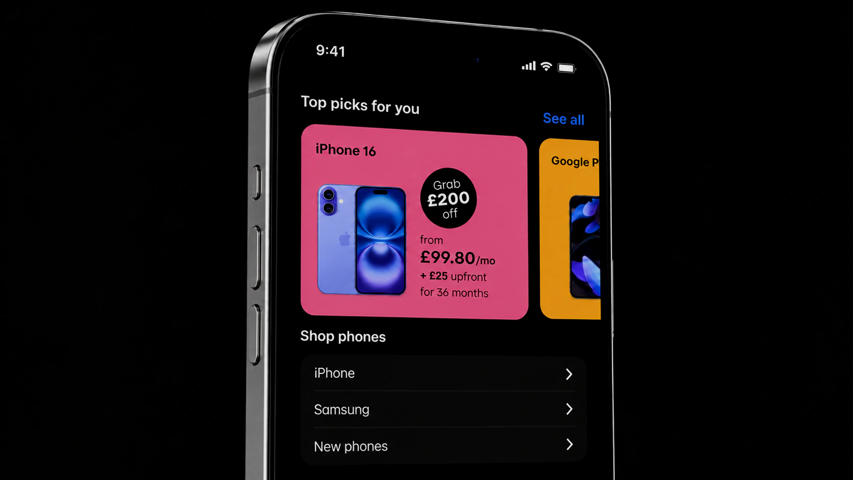 giffgaff Phones project preview, dark mode